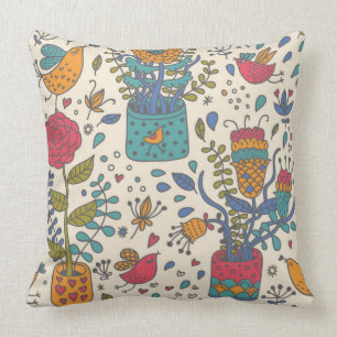 Coussin Motif floral de bande dessinée avec les oiseaux 2