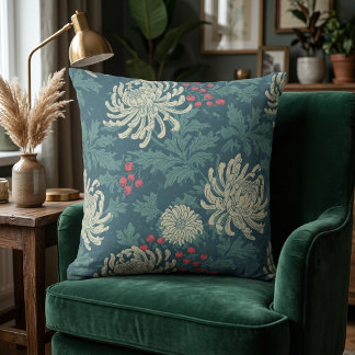 Coussin Motif floral de chrysanthème sarcelle vintage