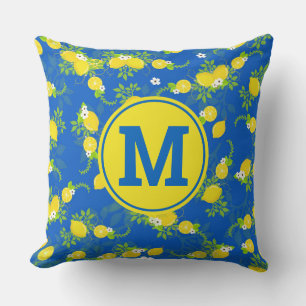 Coussin Motif floral de citrons bleus et jaunes ensoleillé