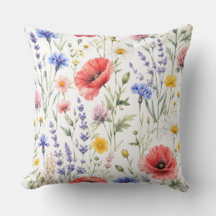 Coussin Motif floral de prairie de fleurs sauvages à l'aqu