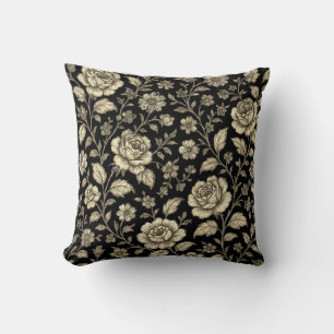 Coussin Motif floral de rose dorée vintage sur fond noir