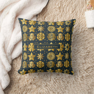 Coussin Motif floral doré doodle nom personnalisé