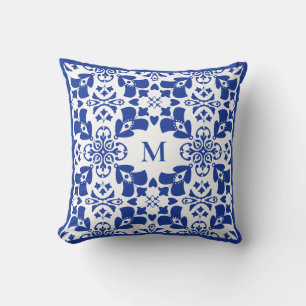 Coussin Motif Floral Moderne Bleu Élégant Monogramme Simpl