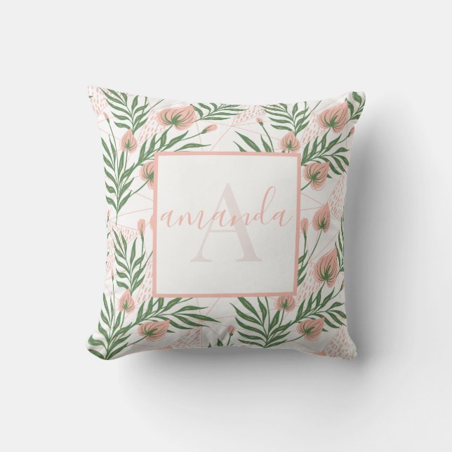 Coussin Motif Floral Monogramme Nom Rose Vert Pâle (Recto)
