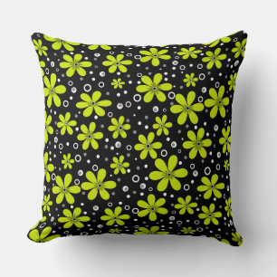 Coussin Motif floral néon vert clair sur fond noir