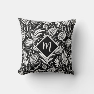 Coussin Motif floral noir et blanc avec monogramme diamant