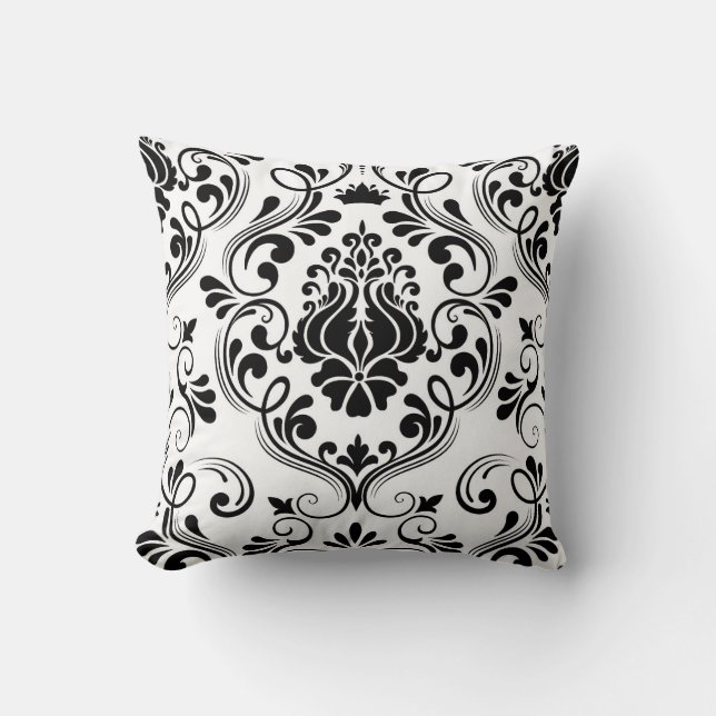 Coussin Motif floral noir et blanc Damas Élégant (Recto)