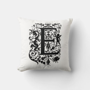 Coussin Motif floral noir et blanc initial du monogramme E