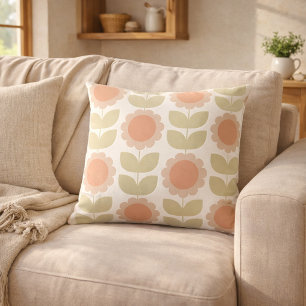 Coussin Motif floral rétro rose pastel du milieu du siècle