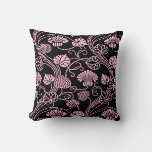 Coussin Motif floral rétro rose sur fond noir