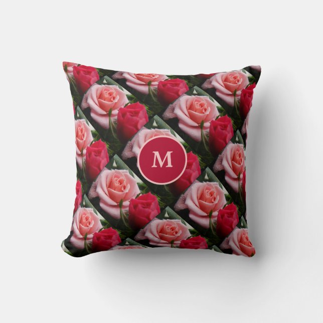 Coussin Motif Floral Rouge rose rose Personnalisé Monogram (Recto)