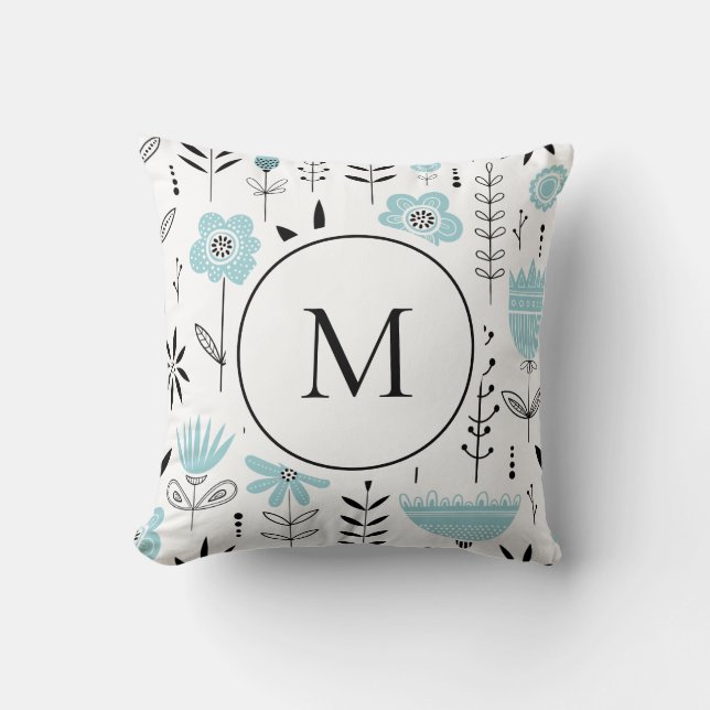 Coussin Motif floral scandinave bleu Monogramme (Recto)