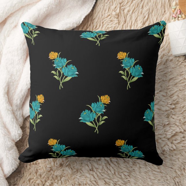 Coussin Motif floral Turquoise Coral vert sur noir (Couverture)