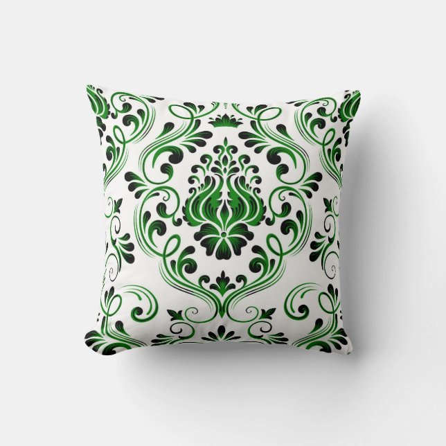 Coussin Motif floral vert noir et blanc Damas (Recto)