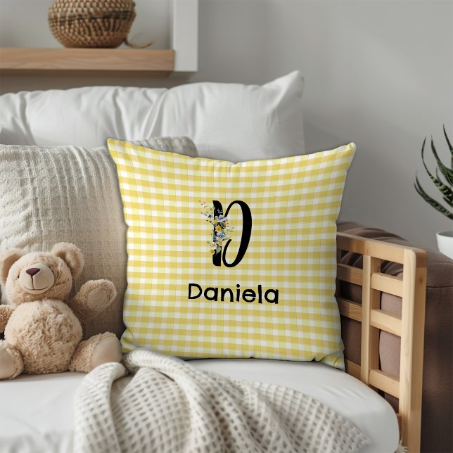 Coussin Motif gingham fleur aquarelle initiale monogramme (Créateur téléchargé)
