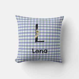 Coussin Motif gingham fleur monogramme bleu vert