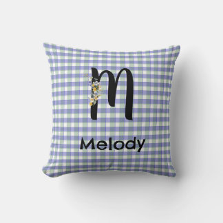 Coussin Motif gingham fleur monogramme bleu vert
