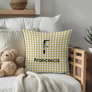 Coussin Motif gingham fleur monogramme jaune gris