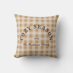 Coussin Motif Gingham Occidental Rustique Écriture Marron