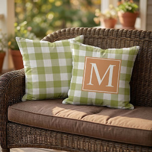 Coussin Motif Gingham Vert et Citrouille d'Automne Orange