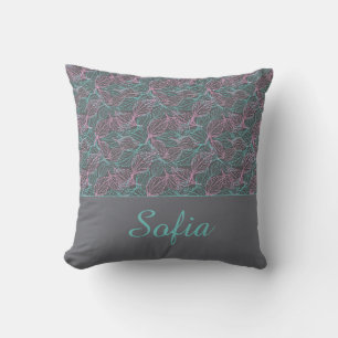 Coussin Motif gris de feuilles stylisées rose et turquoise