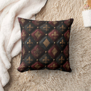 Coussin Motif Harlequin Fleur-de-Lis Touffeté Médiéval (1)