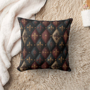 Coussin Motif Harlequin Fleur-de-Lis Touffeté Médiéval (2)