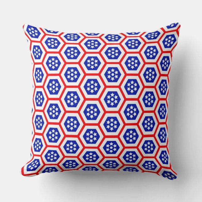 Coussin Motif hexagone blanc rouge et bleu (Recto)