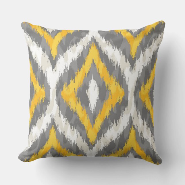 Coussin Motif Ikat blanc et jaune et gris (Recto)