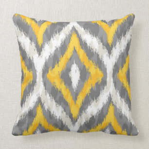 Coussin Motif Ikat blanc et jaune et gris