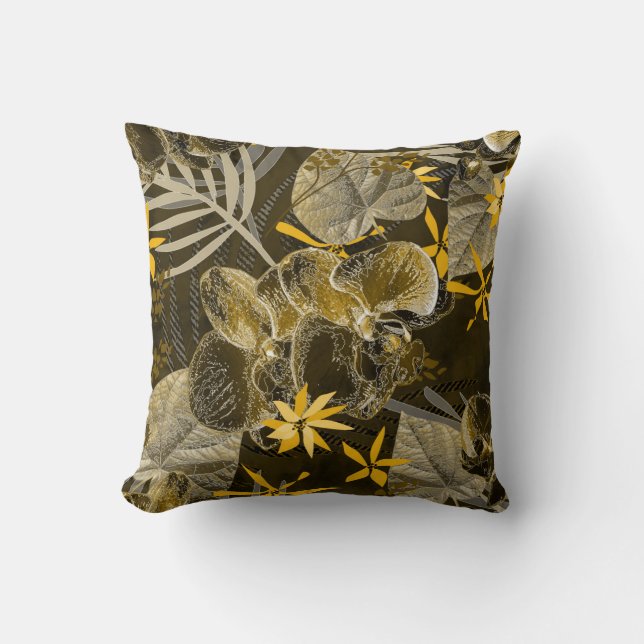 Coussin Motif jaune-brun fleuri à l'aquarelle. (Recto)