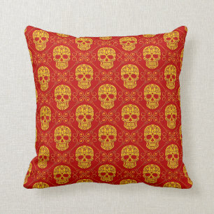 Coussin Motif jaune et rouge de crâne de sucre