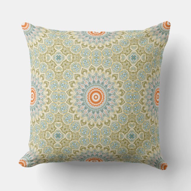 Coussin Motif Mandala orange et Turquoise avec accents or (Recto)