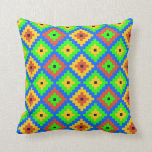 Coussin Motif maya aztèque de brique vert, bleu, jaune