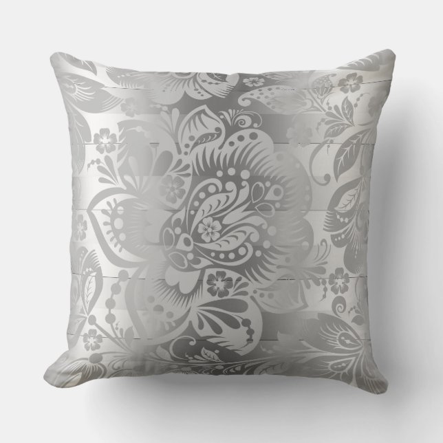 Coussin Motif moderne en Argent et en Damas (Recto)