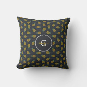 Coussin Motif monogramme de pineapple or noir rétro