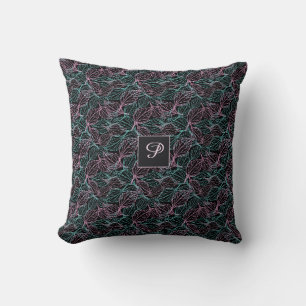 Coussin Motif noir de feuilles stylisées rose et turquoise