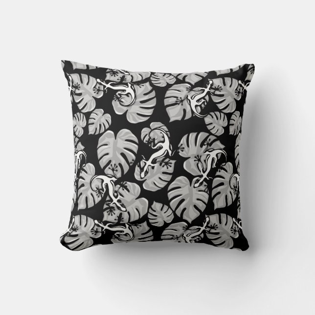 Coussin Motif Noir Et Blanc - Geckos Et Feuilles (Recto)