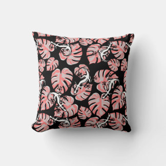 Coussin Motif Noir Et Rose - Geckos Et Feuilles