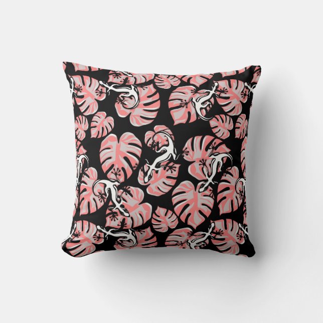 Coussin Motif Noir Et Rose - Geckos Et Feuilles (Recto)