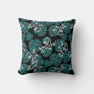 Coussin Motif Noir Et Vert - Geckos Et Feuilles