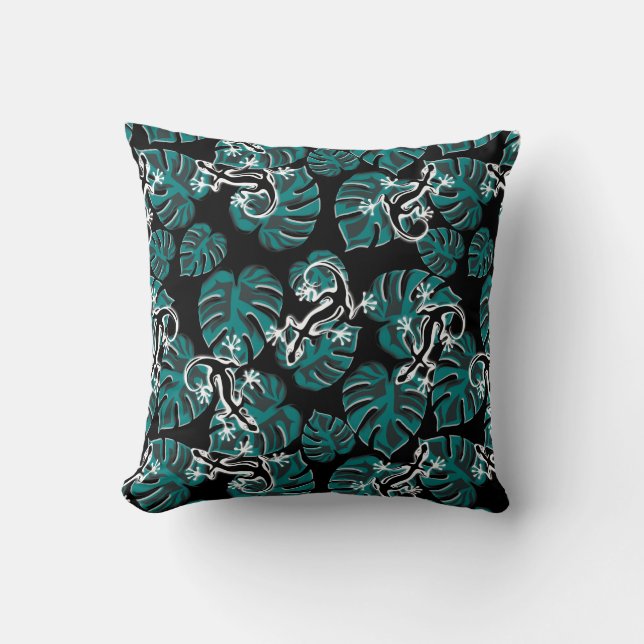 Coussin Motif Noir Et Vert - Geckos Et Feuilles (Recto)