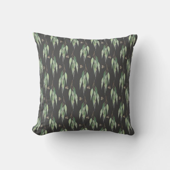 COUSSIN MOTIF NOIR EUCALYPTUS VERT SAGE (Recto)
