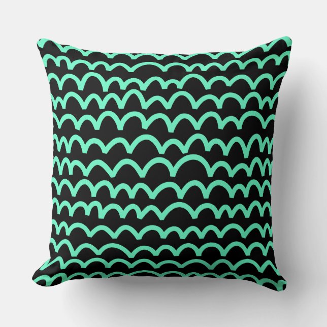 Coussin Motif ondulé - Turquoise sur noir (Recto)