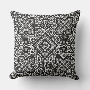 Coussin motif ornemental ethnique géométrique noir et blan