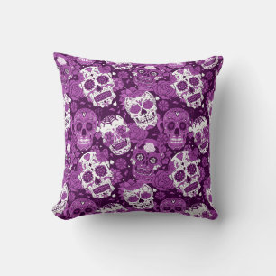 Coussin Motif ornemental floral de crâne en sucre violet