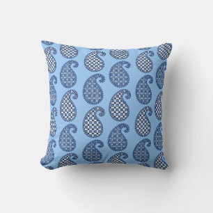 Coussin Motif Paisley, bleu ciel, marine et blanc
