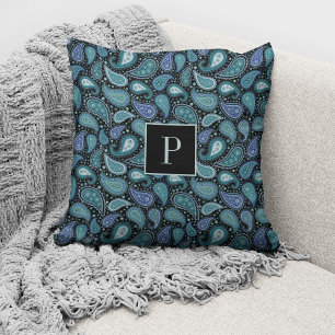 Coussin Motif Paisley Bleu Rétro Élégant Monogrammé