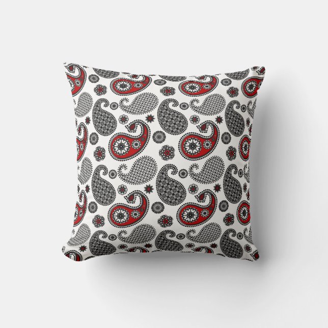 Coussin Motif Paisley, noir, blanc et rouge (Recto)