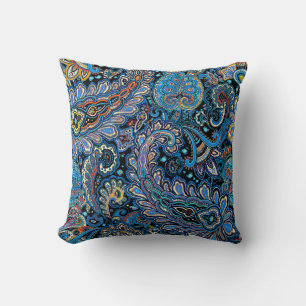 Coussin Motif Paisley Vibrant Bleu sur Fond Noir